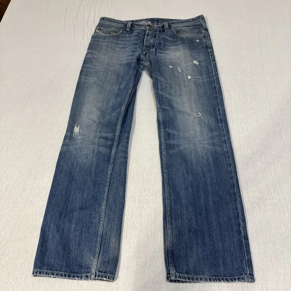 Diesel Larkee Mens 36x32 Regular Straight Blue Jeans Distressed